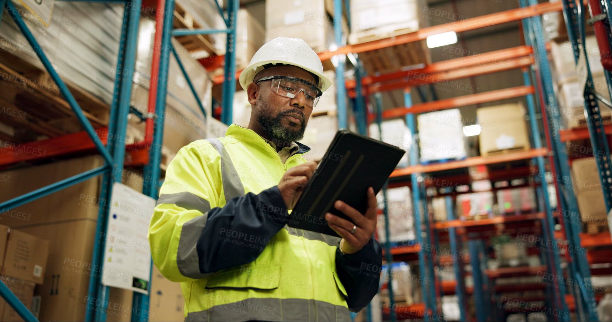 Buy stock photo Warehouse, black man and manufacturing with tablet, inventory and checklist in a factory. African person, worker and employee with tech and inspection with digital app for logistics and online stock