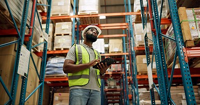 Buy stock photo Shipping, warehouse and black man on tablet for inspection, inventory and online stock. Manufacturing, distribution and person on digital tech for logistics, maintenance and checklist in factory