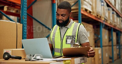 Buy stock photo Man, laptop and checklist for inventory in warehouse, technology and research for logistics solutions. African worker, computer and stock taking for ecommerce and online order in distribution center