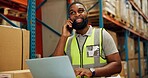 Man, phone call and talking for distribution in factory and order on laptop for shipping solutions. African worker, smile and cellphone for networking to import inventory and technology in warehouse