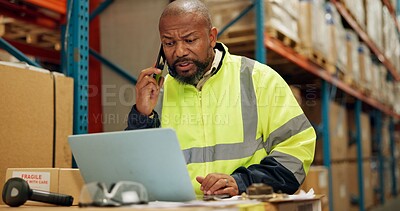 Buy stock photo Man, phone call or laptop for logistics in warehouse, shipping or talking of order for distribution. Factory manager, smile or mobile for networking to import inventory or technology in manufacturing