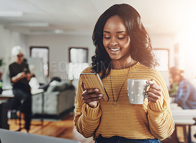 Buy stock photo Black woman, office and happy on smartphone with coffee with email notification and communication. Female person, employee and smile on internet or website and social media for networking and connect