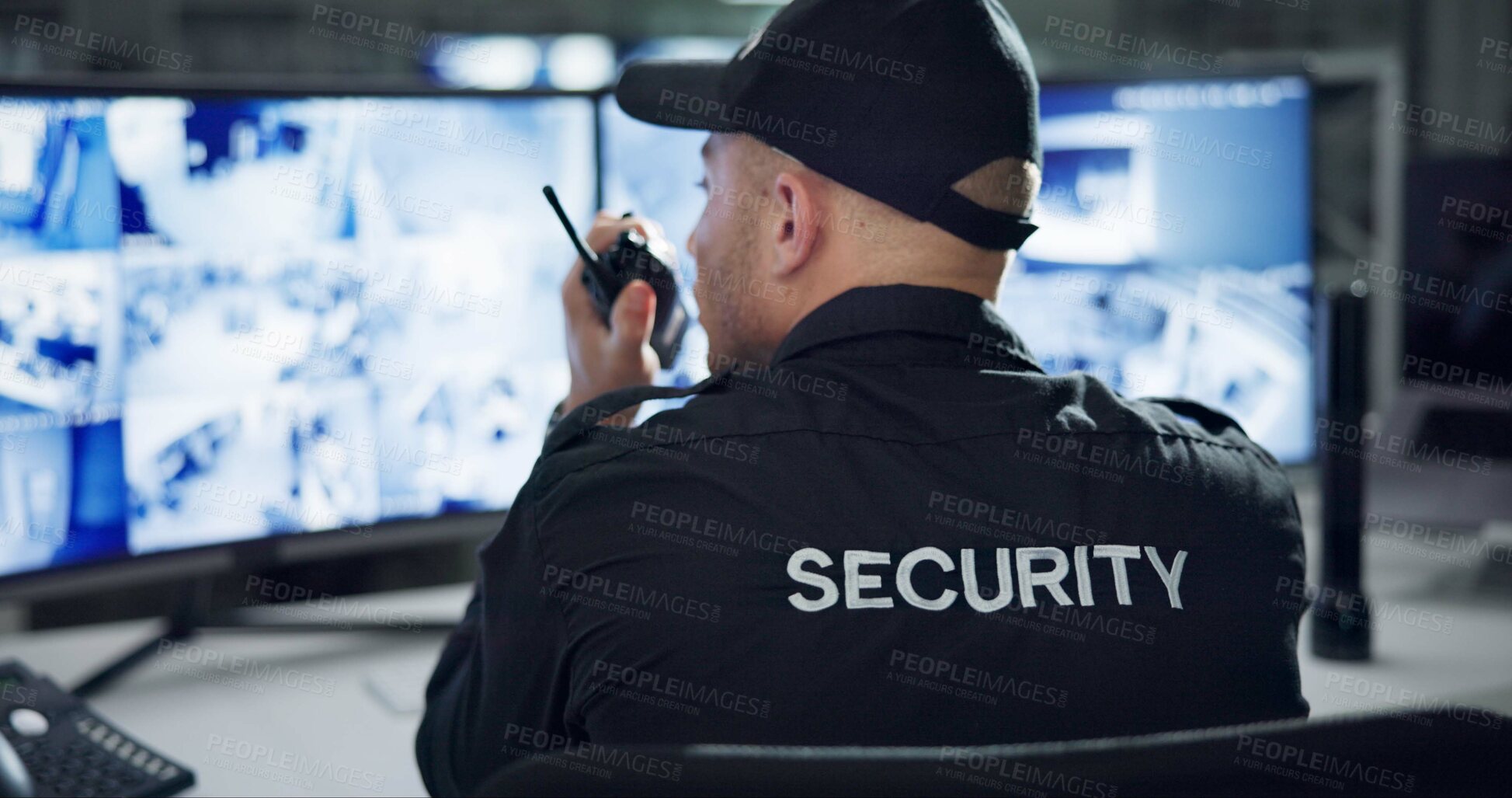 Buy stock photo Male security guard, radio and speaking by cctv monitor for protection, data center or building safety. Inspection, video surveillance agency and control room with footage, back view and computer