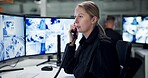 Communication, security and woman with telephone, monitor and watch of cctv, danger and control room. Guard, transceiver and working for protection, safety and talking to backup and connection