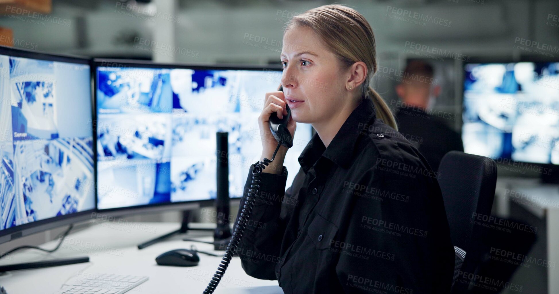 Buy stock photo Communication, security and woman with telephone, monitor and watch of cctv, danger and control room. Guard, transceiver and working for protection, safety and talking to backup and connection