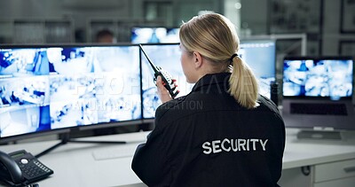 Buy stock photo Communication, security and woman with radio, cctv and monitor to watch, danger and control room for guard. Desk, night and working for protection, safety and talking to backup and connection