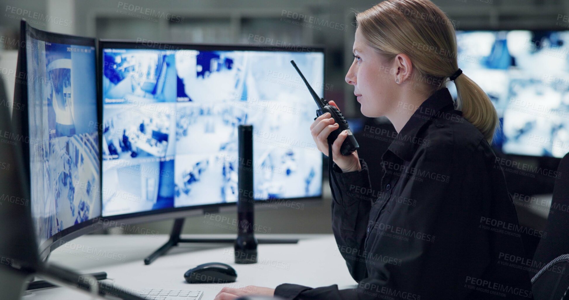 Buy stock photo Watch, security and woman with radio, cctv and monitor for danger, talking and control room for guard. Desk, night and working for protection, safety and communication to backup and connection