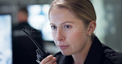 Buy stock photo Safety, security and woman with radio, cctv and monitor for danger, talking and control room for guard. Desk, night and working for protection, watch and communication to backup and connection