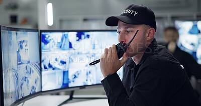 Buy stock photo Man, security guard on radio and speaking by cctv monitor for protection, building safety or data center. Inspection, video surveillance agency and control room with footage, computer and watching