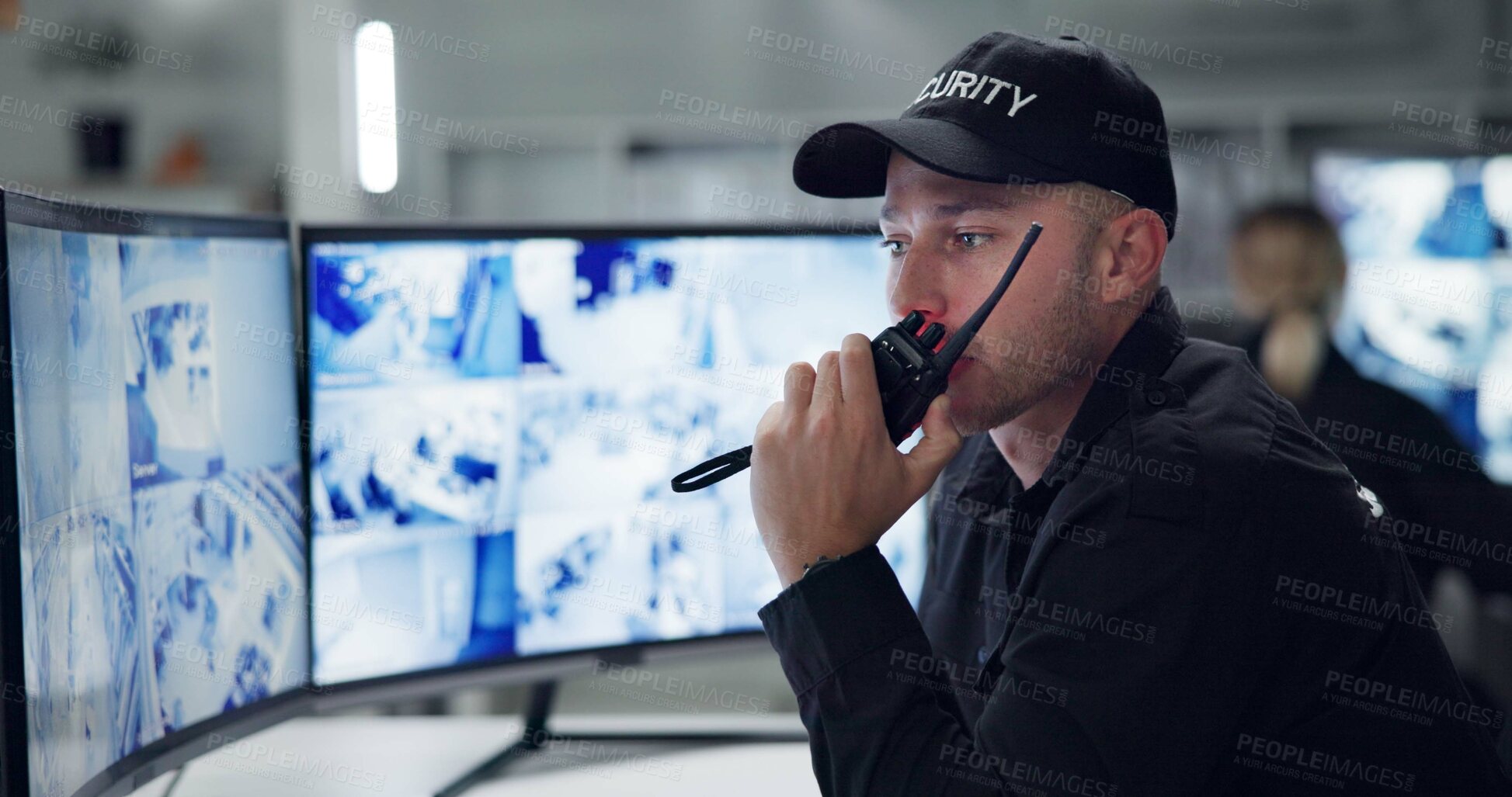 Buy stock photo Man, security guard on radio and speaking by cctv monitor for protection, building safety or data center. Inspection, video surveillance agency and control room with footage, computer and watching