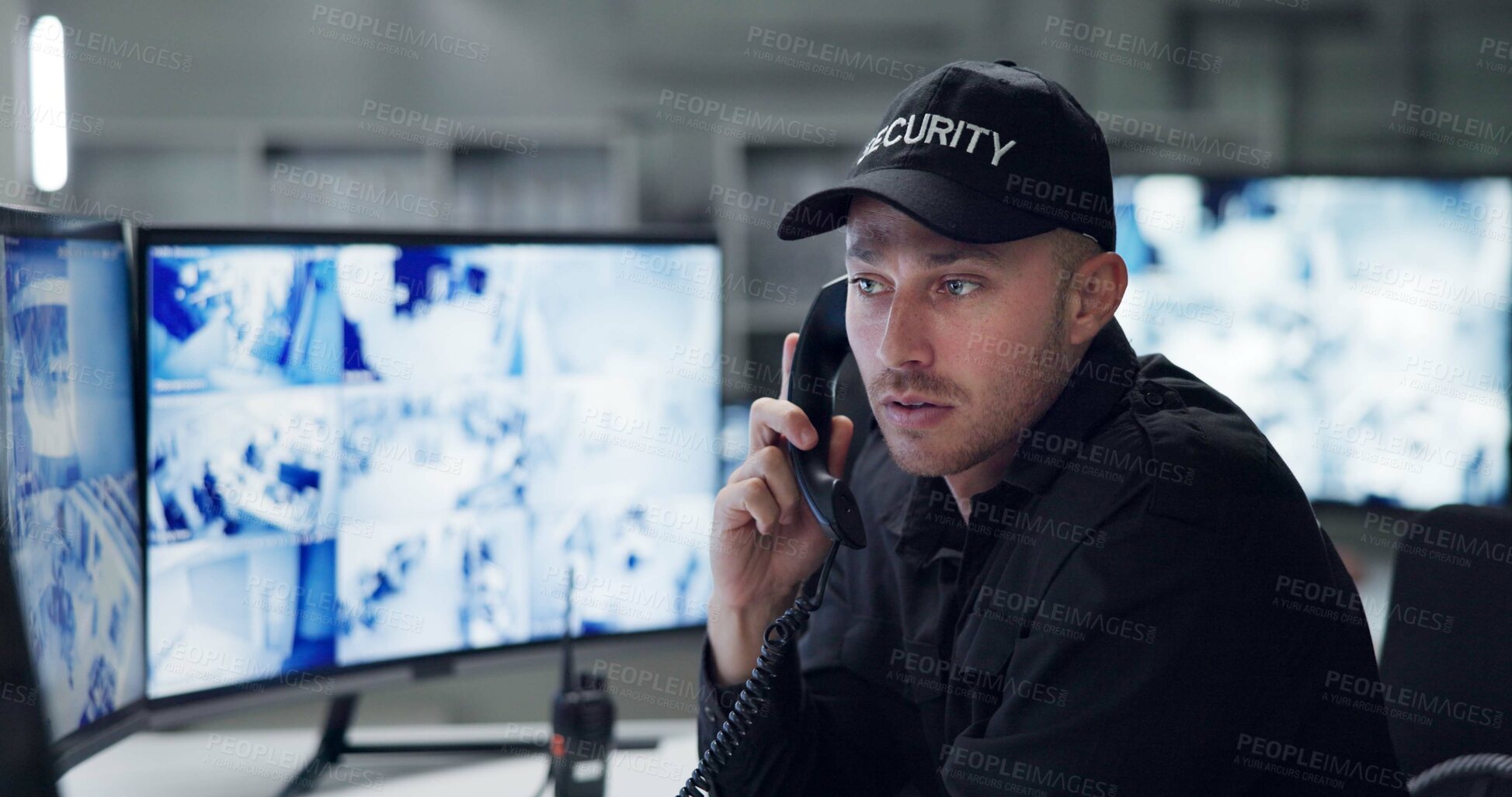 Buy stock photo Security guard, phone call and speaking by cctv monitor for protection, building safety or data center. Inspection, video surveillance agency and control room with footage, computer and rear view