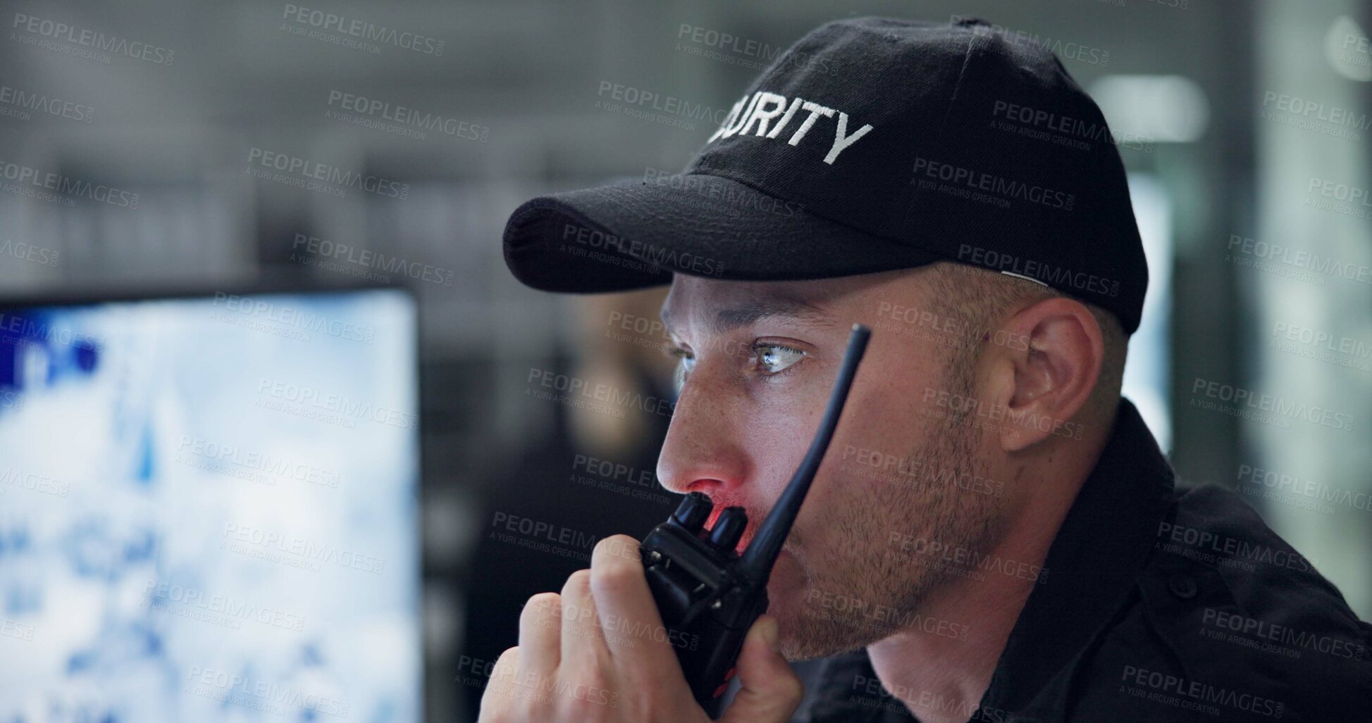 Buy stock photo Safety, security and man with radio, cctv or monitor for danger, talking and control room for guard. Desk, night and working for protection, watch or communication and person with conversation