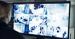 Security guard, inspection and woman by cctv monitor for protection, building safety or data center. Watching, video surveillance agency and control room with footage, computer system and back view