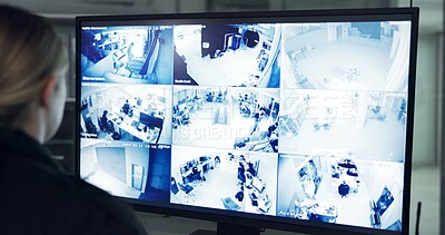 Buy stock photo Security guard, inspection and woman by cctv monitor for protection, building safety or data center. Watching, video surveillance agency and control room with footage, computer system and back view