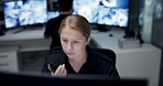 CCTV, radio and security with woman in control room for law enforcement or surveillance. Communication, safety and talking with police officer at police headquarters for crime, inspection or privacy