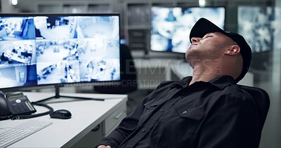 Buy stock photo Security guard, computer screen and tired by cctv monitor for protection, data center or building safety. Inspection, video surveillance agency and control room with footage, technology and sleeping