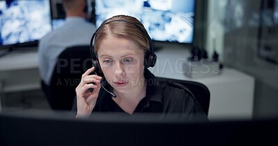 Buy stock photo CCTV, headset and security with woman in control room for law enforcement or surveillance. Call, communication and safety with police officer at headquarters for crime, inspection or privacy