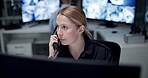 Control room, telephone and calling with woman, security guard and safety service with communication. Night watch, employee and agent with computer, surveillance info and monitor with contact center