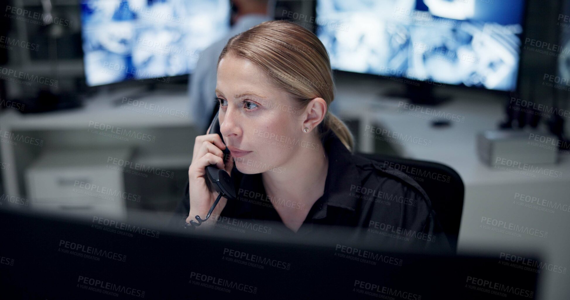 Buy stock photo Control room, telephone and calling with woman, security guard and safety service with communication. Night watch, employee and agent with computer, surveillance info and monitor with contact center