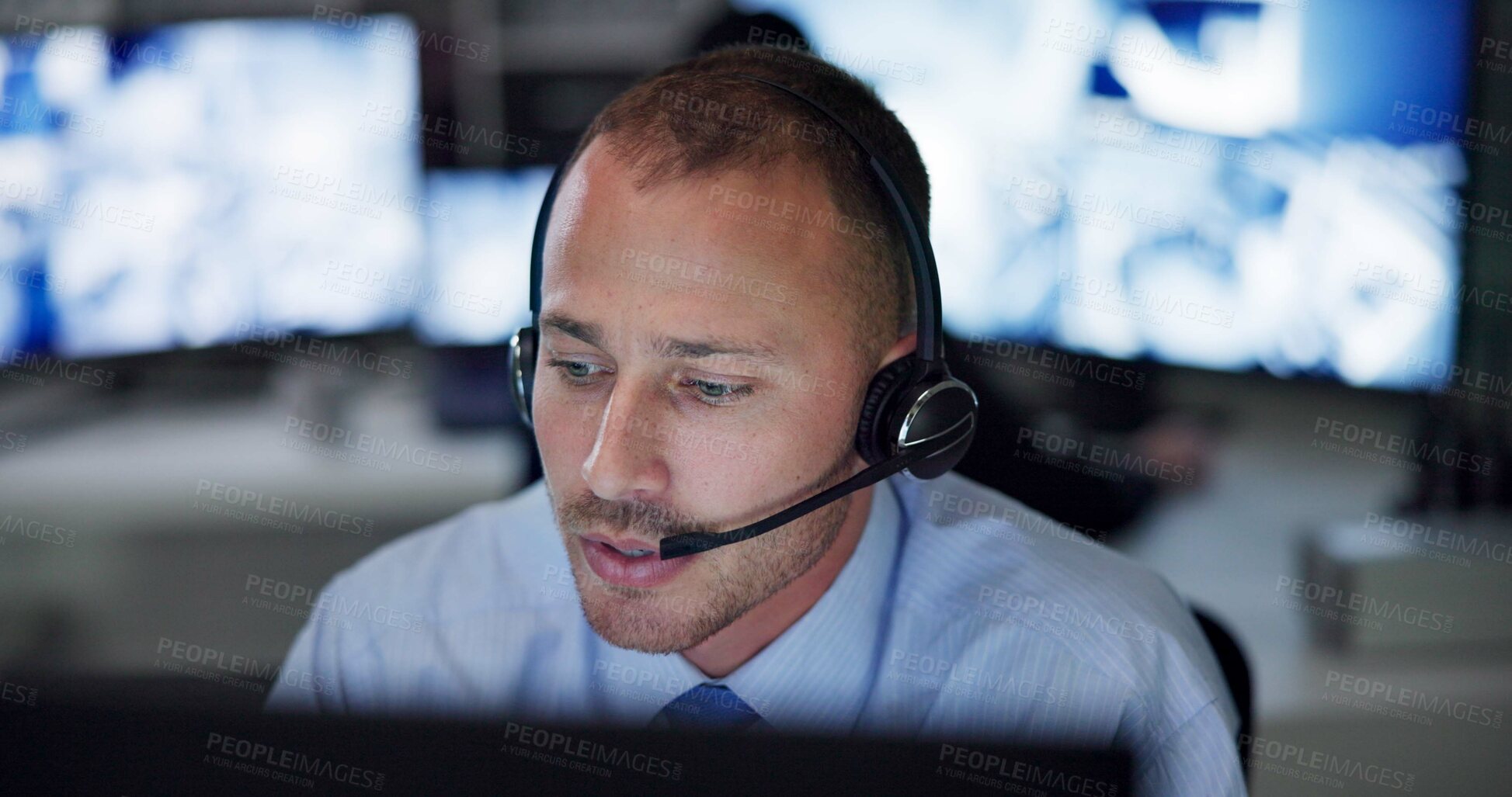 Buy stock photo Man, safety and headset in control room for communication, surveillance and supervision or building security. Male guard, contact or cctv monitors with telecom advice for check, support or protection