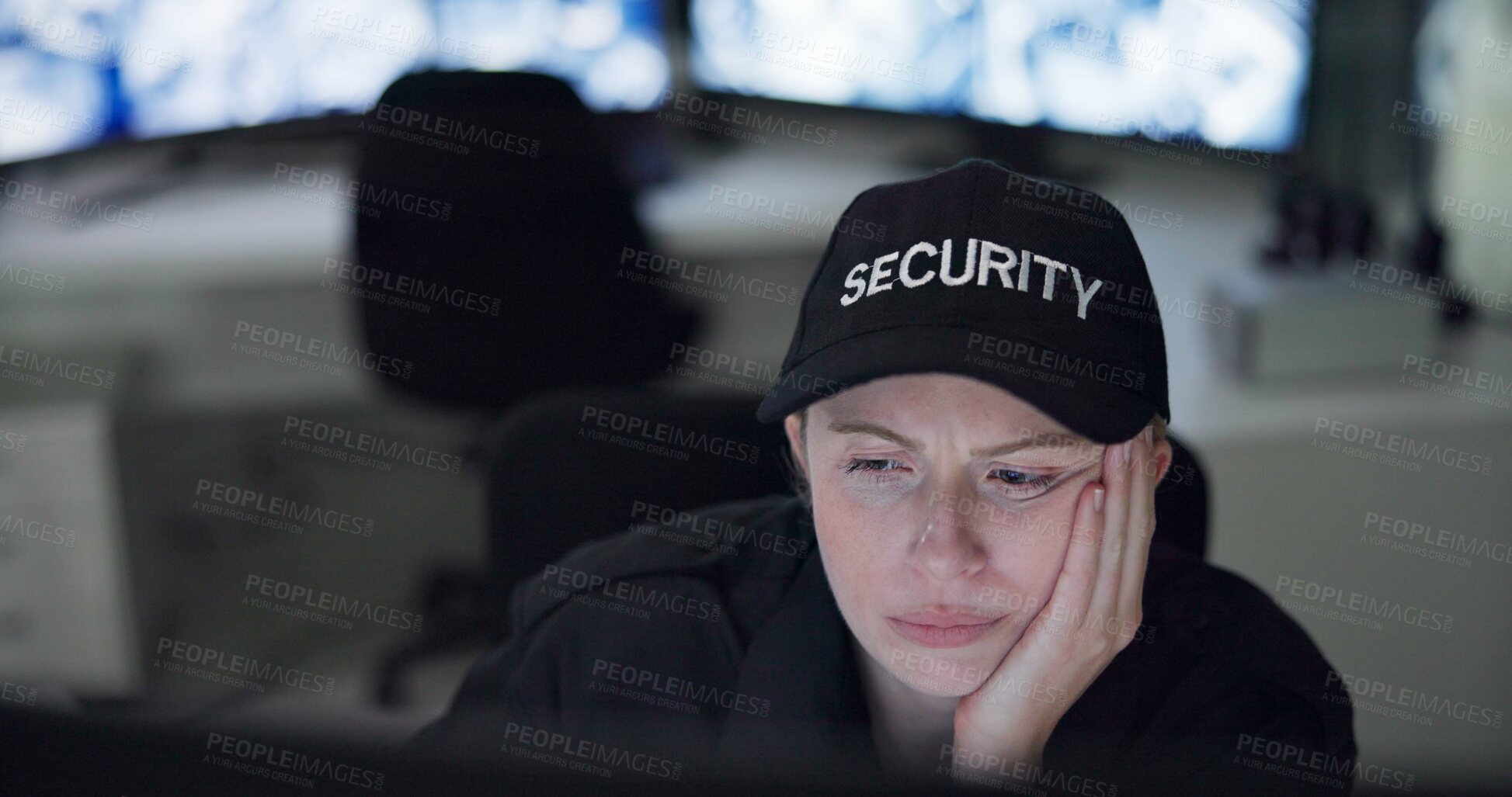 Buy stock photo Security guard, watch and woman in uniform, night and tired in control room, digital and laptop for surveillance. Dark, employee and working late, officer and person for protection and exhausted