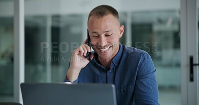 Buy stock photo Business, phone call and man with smile, laptop and communication with connection, network and discussion. Person, consulting and employee with computer, cellphone and digital app with agent and joy