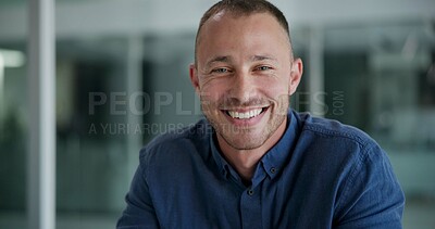 Buy stock photo Man, portrait and office with smile for career, casual for website development or design. Male person, creative business and happiness in workplace for job, consultant or employee at company