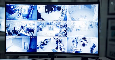 Buy stock photo Security, business and computer with screen, control room and monitor with software interface. Law, compliance and pc with video system for cameras, protection and safety with multicam surveillance