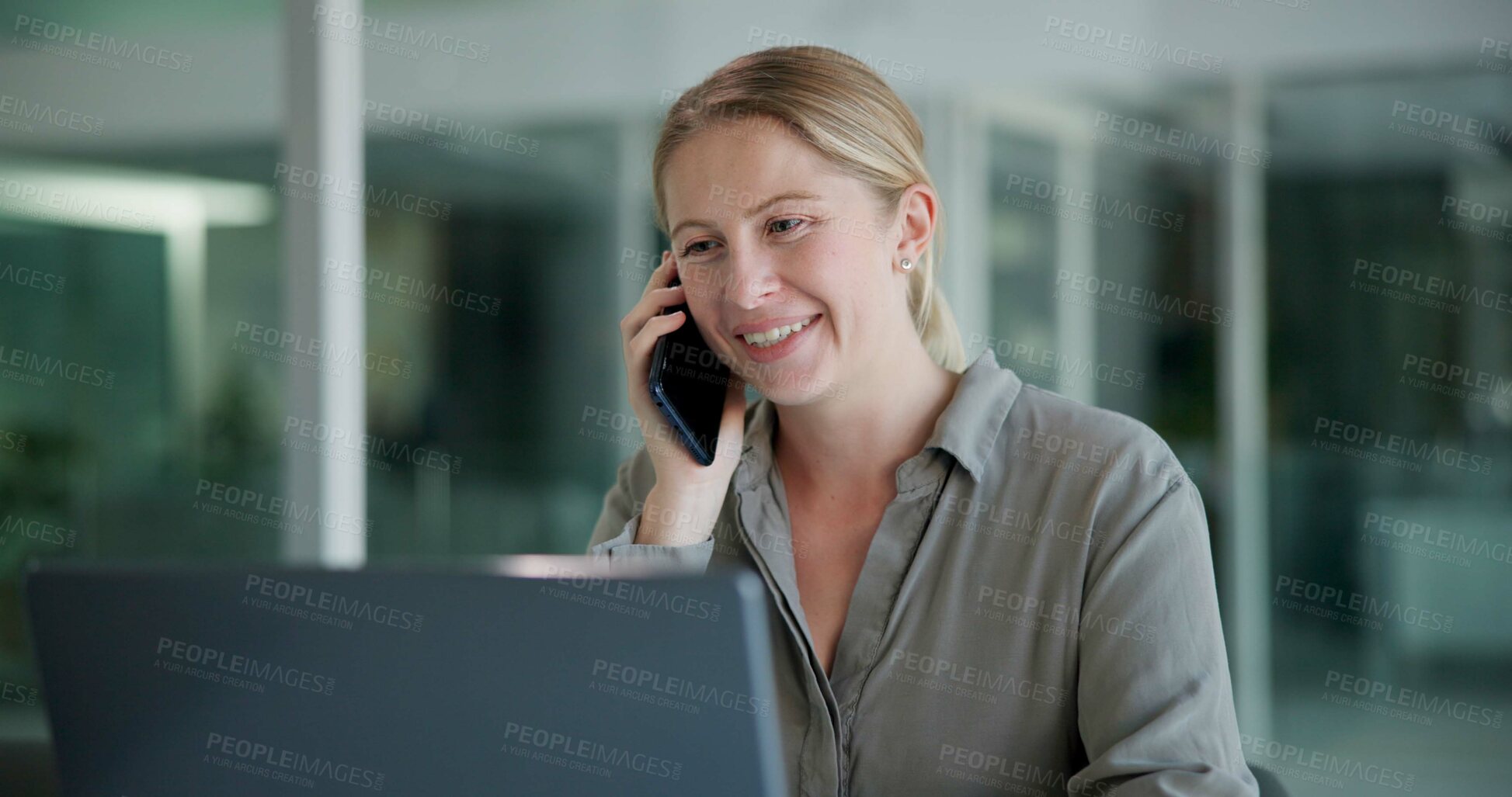 Buy stock photo Laptop, phone call and woman in office, smile and communication for planning, project and deadline. Entrepreneur, mobile and chat with connection, happy and person in business and copywriting