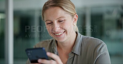 Buy stock photo Business woman, smile and phone in office with message, texting and social media for company. Smartphone, app and happy person for chat, online communication and networking by notification at work