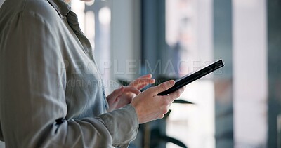 Buy stock photo Hands, tablet and security in office for communication, livestream and safety in corporate workplace. Person, digital technology and guard in company for support, video and networking on internet