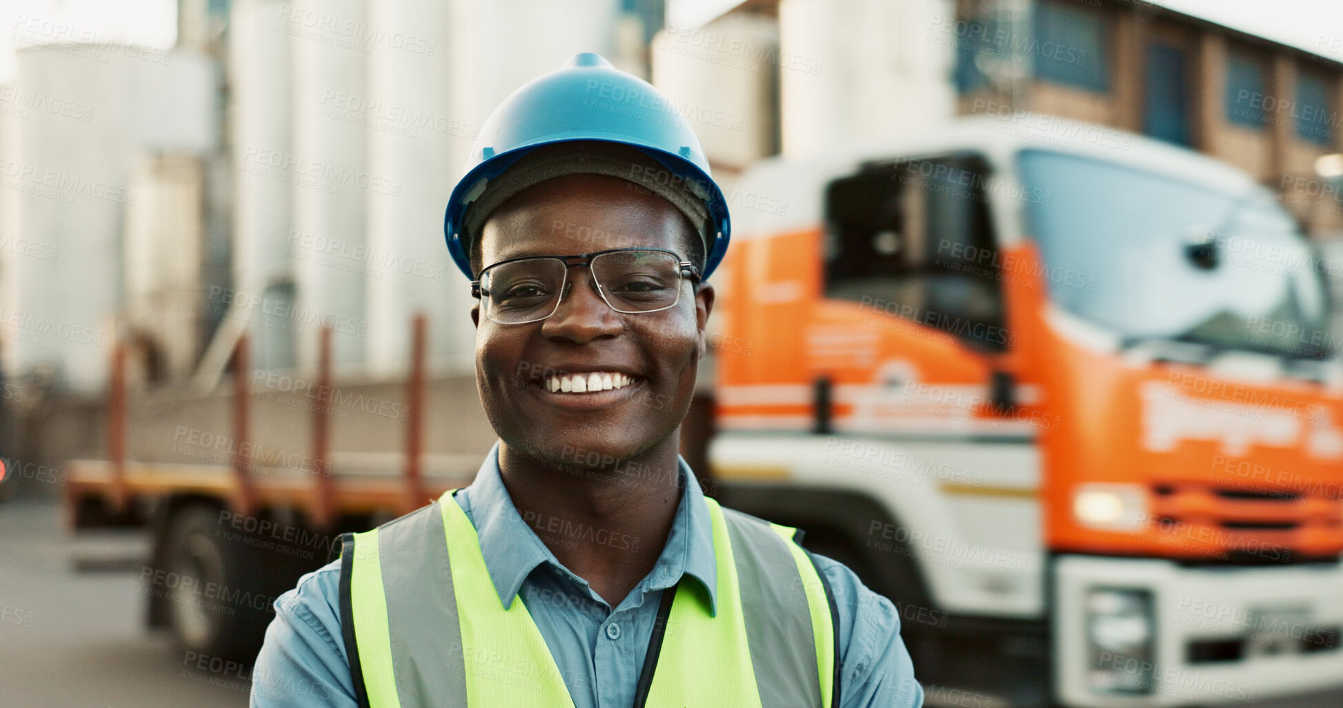 Buy stock photo Man, portrait and outdoor at warehouse with smile for logistics, gear or safety for health. Male driver, happiness and outside factory with semi truck for supply chain, job with cargo or transport