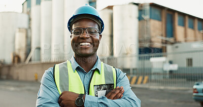 Buy stock photo Engineer, portrait and black man with arms crossed at construction site for maintenance, building repairs or project development. Industrial, safety and person for infrastructure, labour or confident