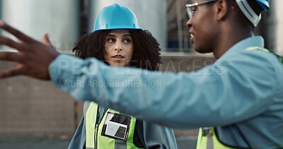 Buy stock photo Construction worker, team and discussion with planning at logistics site in morning for inspection or cargo export. Shipping industry, collaboration and outdoor with meeting for quality assurance