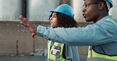 Buy stock photo Construction worker, team and discussion with strategy at logistics site in morning for inspection and architecture. Shipping industry, collaboration and outdoor with meeting for project management