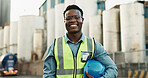 Industrial, engineer and black man with portrait at construction site for maintenance, building repairs or project development. Outdoor, safety and employee for confidence, infrastructure or labour