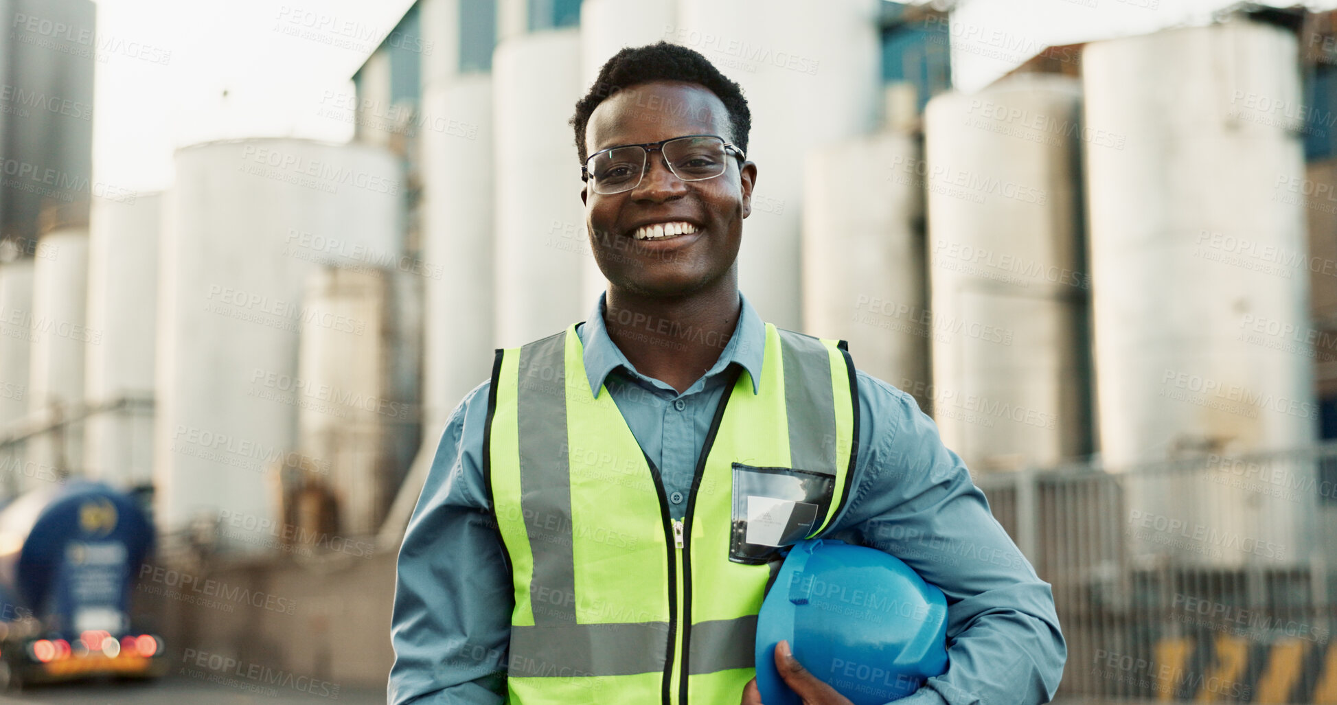 Buy stock photo Industrial, engineer and black man with portrait at construction site for maintenance, building repairs or project development. Outdoor, safety and employee for confidence, infrastructure or labour