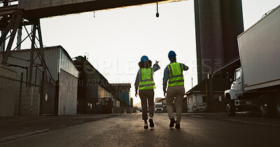 Buy stock photo Distribution worker, team and walking with inspection at logistics site in morning for vehicle safety, cargo export or ideas. Shipping industry, collaboration or outdoor with back for quality control