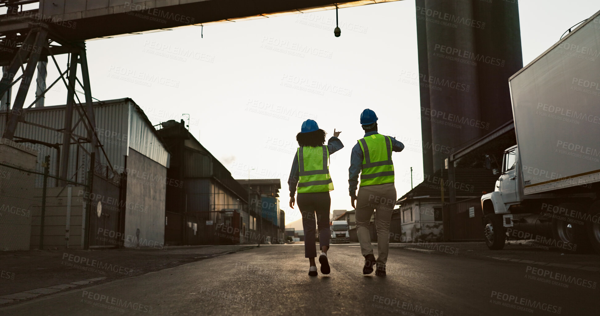 Buy stock photo Distribution worker, team and walking with inspection at logistics site in morning for vehicle safety, cargo export or ideas. Shipping industry, collaboration or outdoor with back for quality control