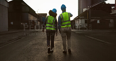 Buy stock photo Construction worker, team and walking with back at logistics site in morning for engineer inspection or cargo export. Shipping industry, planning and outdoor with discussion for quality assurance