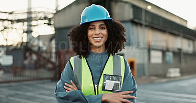 Buy stock photo Engineer, portrait and woman with arms crossed at construction site for maintenance, building repairs or project development. Industrial, safety and employee for confidence, infrastructure or labour