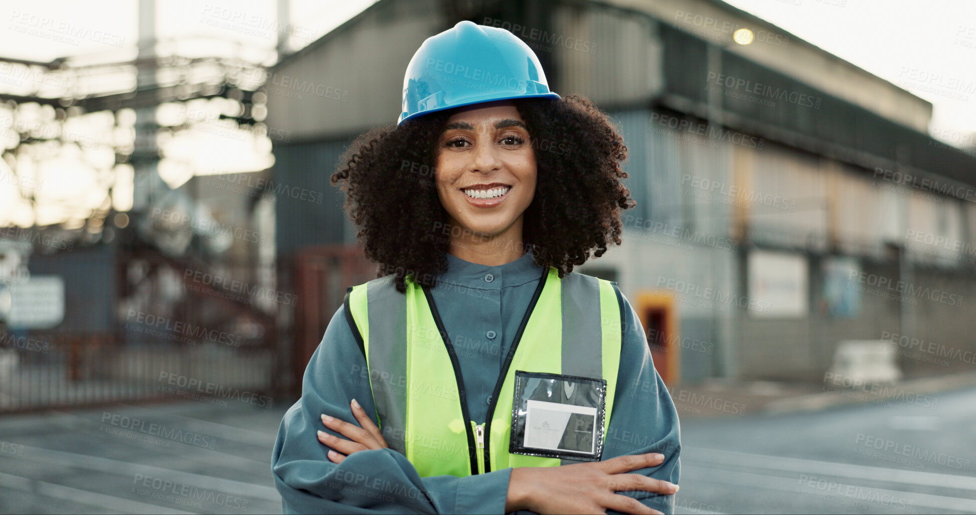 Buy stock photo Engineer, portrait and woman with arms crossed at construction site for maintenance, building repairs or project development. Industrial, safety and employee for confidence, infrastructure or labour