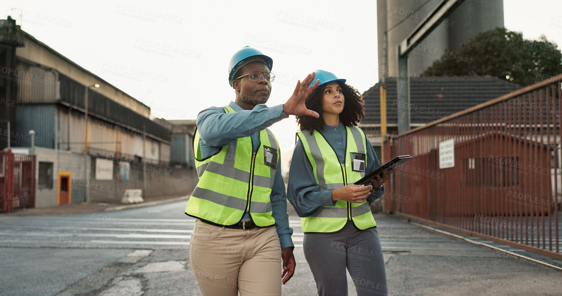 Buy stock photo Industrial, outdoor and team with tablet in logistics for inspection, inventory check or delivery schedule. Shipping, black woman and export man for distribution, supply chain or quality control