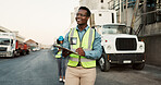 Industrial, outdoor and black man with clipboard in logistics for inspection, inventory check or delivery schedule. Shipping, checklist and employee for distribution, supply chain or quality control