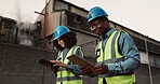 Construction, clipboard and people on tablet for planning, building inspection and maintenance. Civil engineering, architecture team and man and woman for project, infrastructure and manufacturing