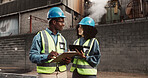 Construction, clipboard and people on tablet for discussion, building inspection and maintenance. Civil engineering, architecture team and man and woman for project, infrastructure and planning