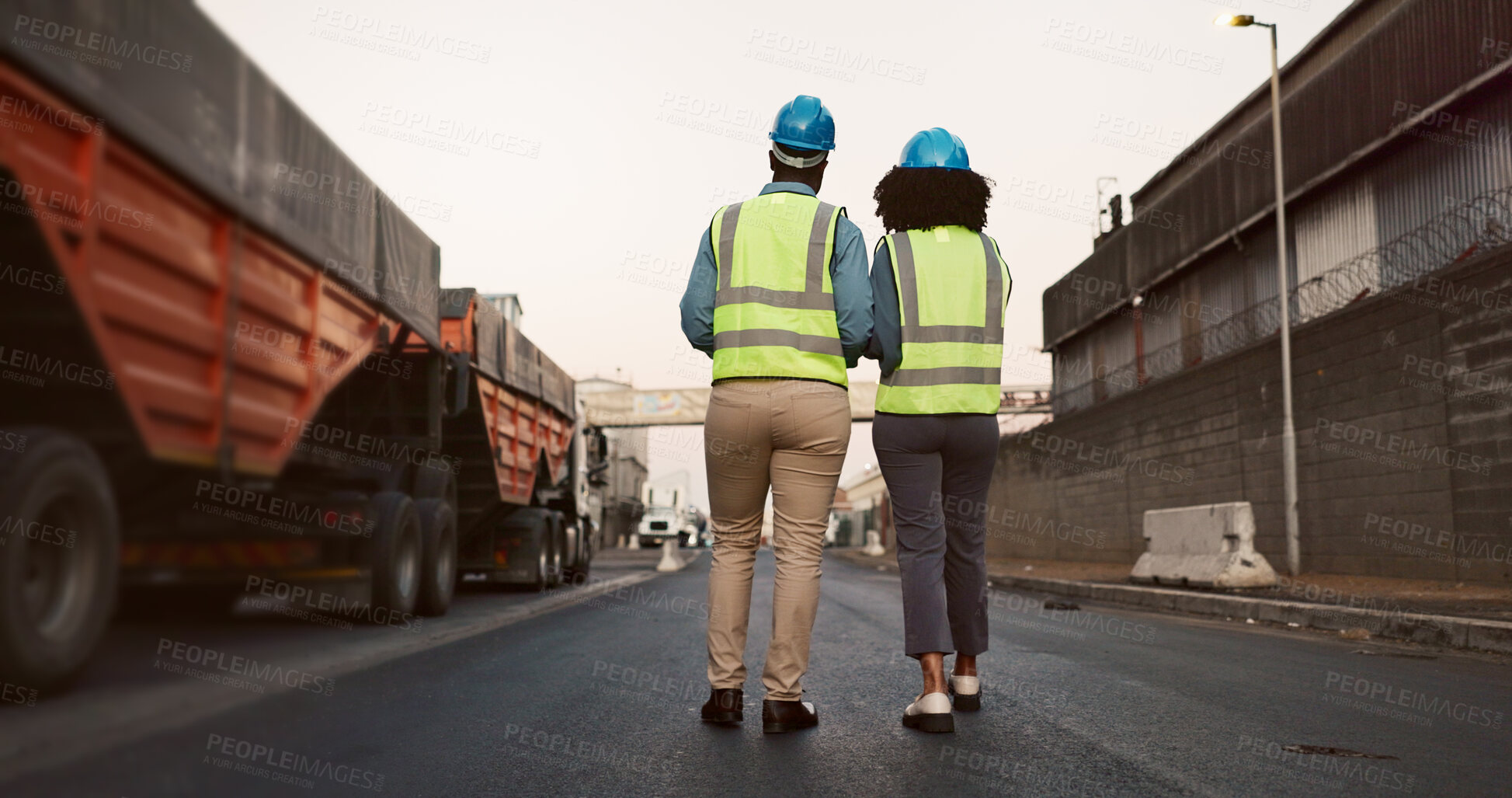 Buy stock photo Construction worker, team and walking with discussion at logistics site in morning for vehicle inspection or cargo export. Shipping industry, inspectors and outdoor with back for quality assurance