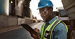 Construction site, planning and black man on tablet in city for inspection, building and maintenance. Civil engineering, architecture and person on tech for project, infrastructure and manufacturing