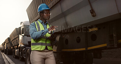 Buy stock photo Construction worker, man and tablet by truck for shipping with vehicle inspection for logistics and cargo export. Transport industry, site manager or black employee with app for maintenance and check