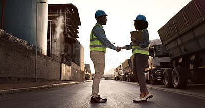 Buy stock photo Engineer, handshake and people at construction site for welcome, greeting or agreement on building plan. B2B, contractor man and black woman with clipboard for deal, partnership and collaboration